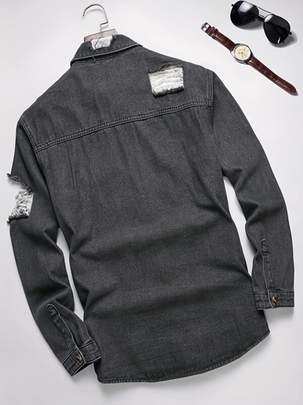 Men'S Casual Denim Shirt - Solid Color, Distressed Ripped Look, Button-Up Front Placket, Loose Fit Long Sleeve with Drop Shoulder Design, Perfect for Weekend Casual, Casual Wear Shirt | Casual Style | Denim Construction