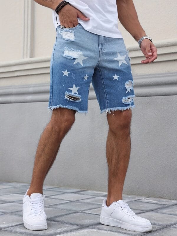product-fancy-ae48e6c7-7563-49f1-a8b8-50d08f92f07b Men'S Streetwear Summer Denim Shorts - Vibrant Star & Frayed Hem Print, Elastic Waistband with Pockets, Light Blue Washed Jean Style Casual Shorts for Casual Attire, Casual Attire Shorts | Vibrant Print Shorts | Nonstretch Fabric