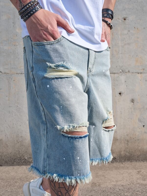 product-fancy-aecd629c-bbc5-40ca-977b-ef907d68bf23 Men'S Vintage Distressed Faux Denim Shorts - Non-Stretch Faux Denim Pants with Frayed Edges, Loose Fit Five-Pocket Casual Shorts for Everyday & Formal Outfits - All-Season Retro Western Style, Faux Denim Shorts, Versatile Clothing, Classic Five-Pocket Design, Durable Fabric, Streetwear Fashion, Sturdy Construction, Streetwear Lovers