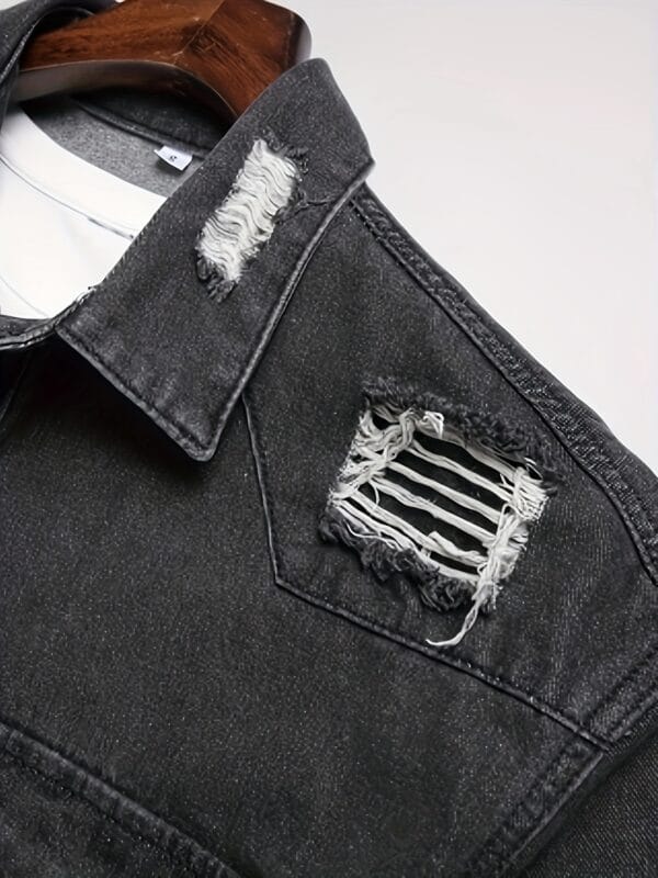 Men'S Casual Denim Shirt - Solid Color, Distressed Ripped Look, Button-Up Front Placket, Loose Fit Long Sleeve with Drop Shoulder Design, Perfect for Weekend Casual, Casual Wear Shirt | Casual Style | Denim Construction