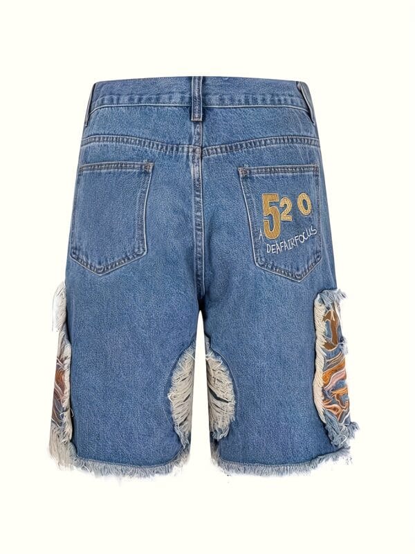 Men's Chic Embroidery Design Cotton Blend Ripped Loose Fit Jorts, Street Style Summer Bottoms for Men