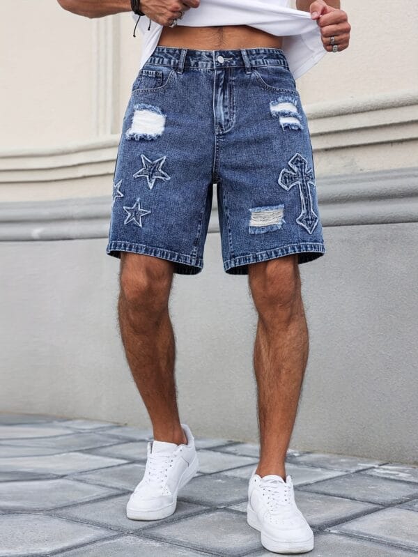 product-fancy-b0709135-dc91-4f77-b28b-496358fe697f Men'S Streetwear Denim Mid-Length Shorts - Washed Blue with Distressed Rips, Star & Anchor Embroidery, Loose Fit, Casual Summer Denim Shorts for Casual Attire, Everyday Denim Shorts | Streetwear Fashion | Detailed Embroidery, Denim Shorts