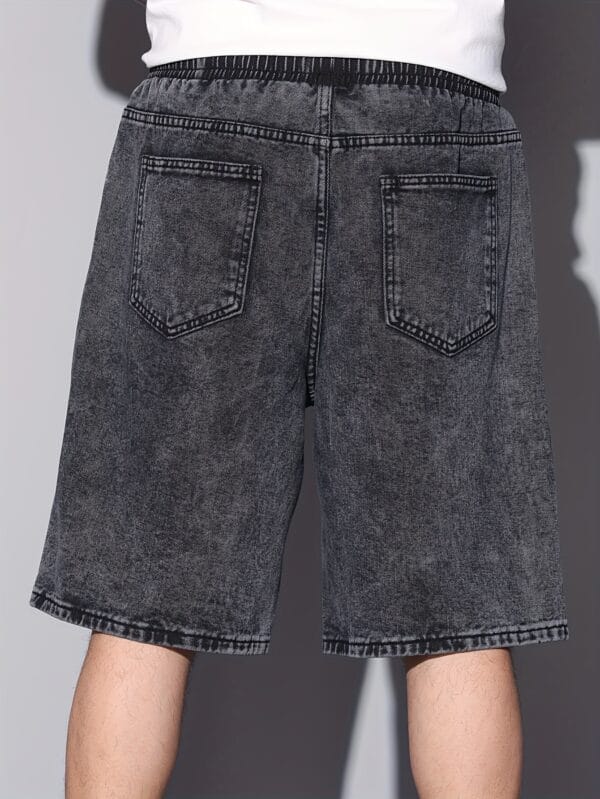 American Street Style Denim Shorts with Print, Elastic Waistband And Drawstring Design, Wide Leg Half-Length Pants for Men And Women, Loose Fit Without Belt/Without Pendants