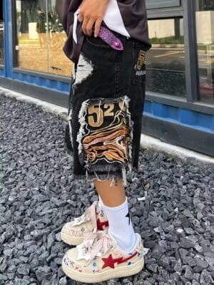 product-fancy-b198ec70-fcfb-47b2-b76c-496c56afa950 Men's Chic Embroidery Design Cotton Blend Ripped Loose Fit Jorts, Street Style Summer Bottoms for Men