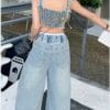 Fashionable Summer Denim Outfit for Girls, Featuring a Trendy Two-Piece Set with Wide-Leg Pants And a Camisole, for Outdoor