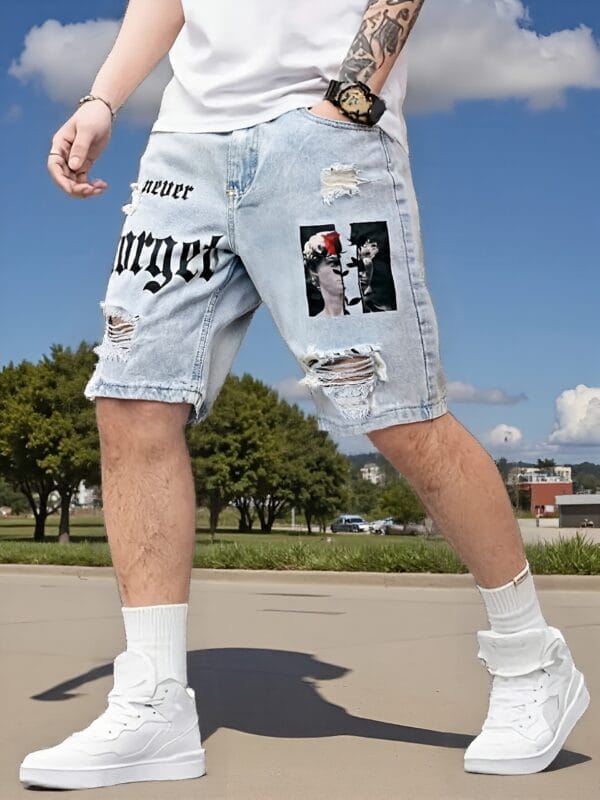 product-fancy-b46fcb0b-a11b-487a-8c6b-8d6f795a25dd Men's Summer Lightweight Denim Shorts - Knee-Length Relaxed Fit Distressed Casual Shorts with Portrait Print, 52% Blend, Hand Wash Only