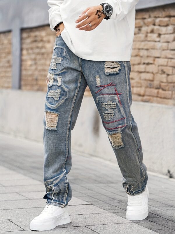 Men'S Distressed Denim Jeans with Red Stitching - Loose Fit Straight-Leg Casual Pants, Non-Stretch Fabric, All-Season Wear, White Sneakers Included, Allseason Jeans|Distressed Denim Look|Stylish Distress