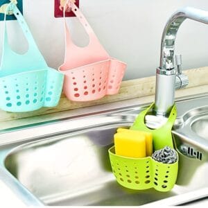 1pc Adjustable Kitchen Sink Organizer with Drain Hole - Heavy-Duty Faucet Sponge Holder, Space-Saving Countertop Storage Basket, Compatible with Sponge, Scrub Pad, Soap Bar - Under Faucet or Over Sink Installation - Durable Plastic Construction, Kitchen Sink Accessories, Perforated Design, Sturdy Construction, Home Cooks
