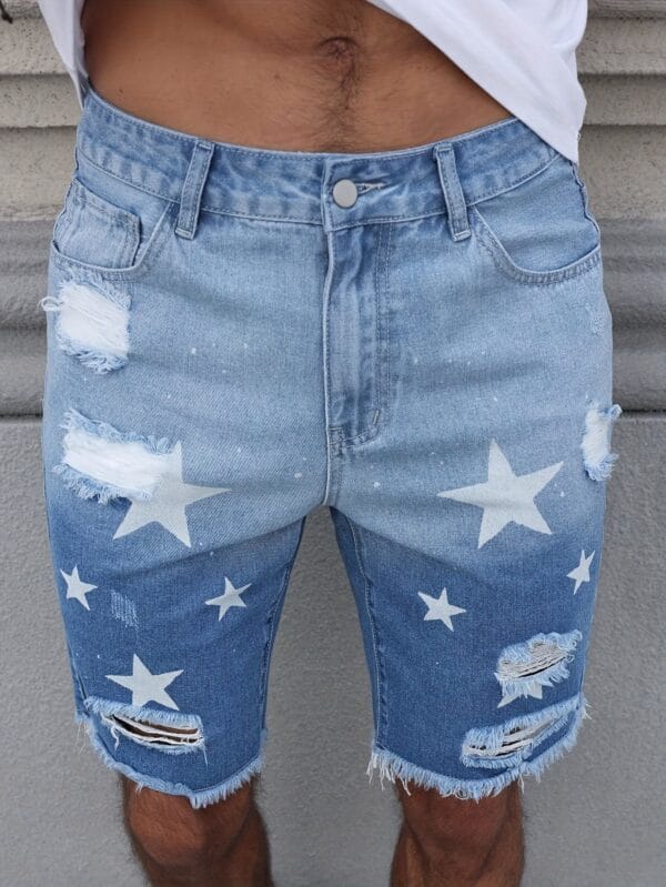 product-fancy-b6eb3364-e18f-498f-8aec-7191c52448b1 Men'S Streetwear Summer Denim Shorts - Vibrant Star & Frayed Hem Print, Elastic Waistband with Pockets, Light Blue Washed Jean Style Casual Shorts for Casual Attire, Casual Attire Shorts | Vibrant Print Shorts | Nonstretch Fabric