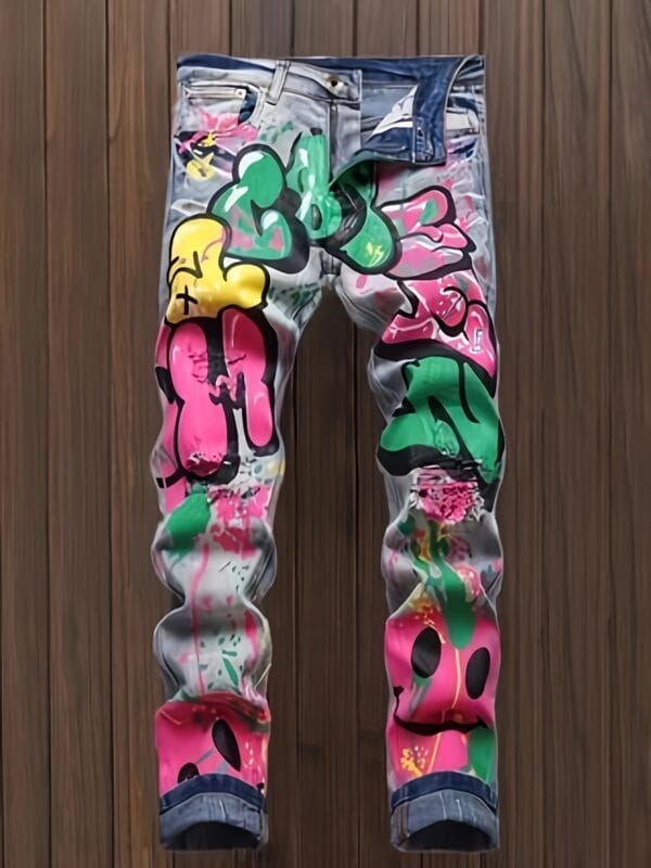 product-fancy-b70d89fe-4d05-4ea3-9ad4-0b4e4aa2315a Men'S Streetwear Graphic Print Jeans - Stretch Denim with Colorful Graffiti Design, Ripped Knee & Crotch, Straight Leg Fit, All-Season Casual Pants, Streetwear Fashion | Graffiti Print Jeans | Stretch Denim Fabric
