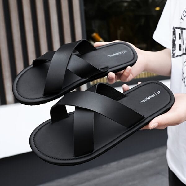 Men's 2025 All-Season Retro Cross-Strap Slide Sandals - Lightweight Non-Slip Durable PVC & EVA Cushioned Casual Indoor/Outdoor Slippers with Cross-Strap Design, Black, Everyday Footwear | Minimalist Shoe Design | Antislip Sole, Indoor Slippers