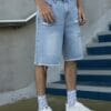 Men's Light Blue Denim Shorts - Non-Stretch Mid-Length Jeans with Frayed Edges & Pre-Worn Look, Button Closure Loose Fit Casual Streetwear for Everyday Outfits - All-Season Non-Stretch Jeans Shorts, Relaxed Style, Vintage Aesthetic, Quality Stitching, Urban Style