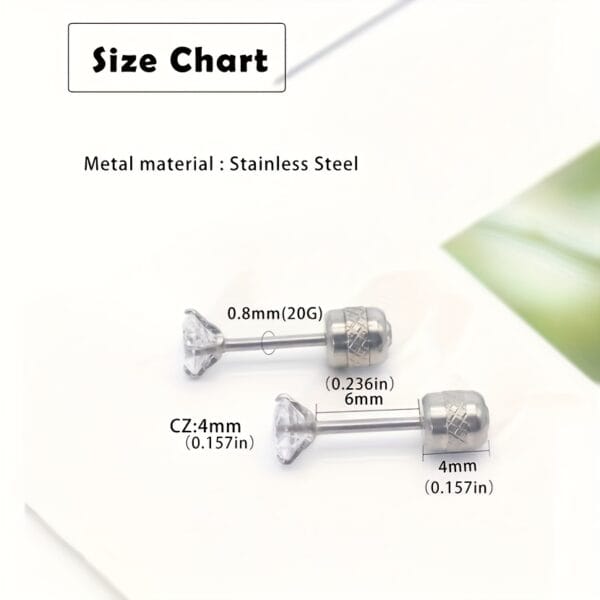 2pcs Stainless Steel Earrings, 4mm White Synthetic Zirconia with Embossed Floral Rhinestone Earbuds, Screw Post Design, Daily & Party Wear, Mardi Gras, St. Patrick's, Mother'S Day Gift