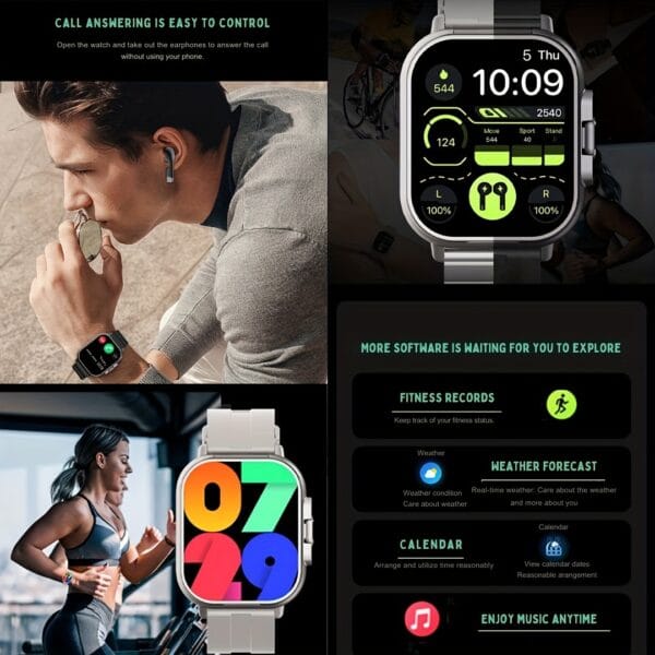 EFFEOKKI 5.11cm Large Screen Music Smartwatch with Wireless Calls, Earbuds Integration, 5.08cm Display, Battery, Silicone Strap & Wireless 5.3 - Black, Smart Watch for Android Phones, Smart Watch for Android, Sleek Watch Design, Durable Watch Band