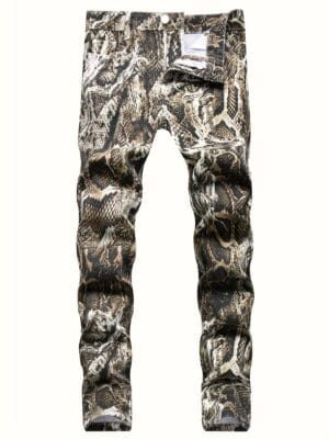 Men's Slim Fit Snake Print Jeans - Streetwear Animal Pattern Stretch Denim Pants for Concerts & Night Out, All-Season Comfort Regular Length Casual Trousers, Concertready Clothing, Streetstyle Attire, Stylish Snake Pattern, Sleek Fabric Construction