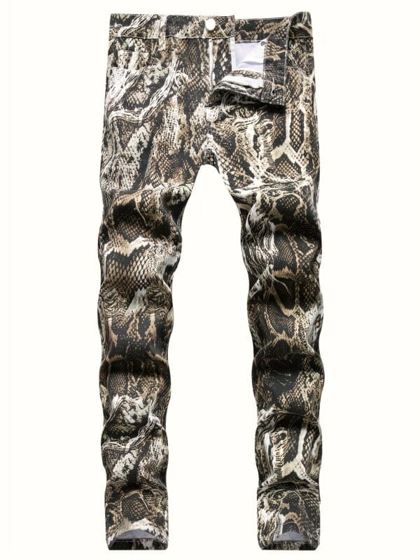 Men's Slim Fit Snake Print Jeans - Streetwear Animal Pattern Stretch Denim Pants for Concerts & Night Out, All-Season Comfort Regular Length Casual Trousers, Concertready Clothing, Streetstyle Attire, Stylish Snake Pattern, Sleek Fabric Construction
