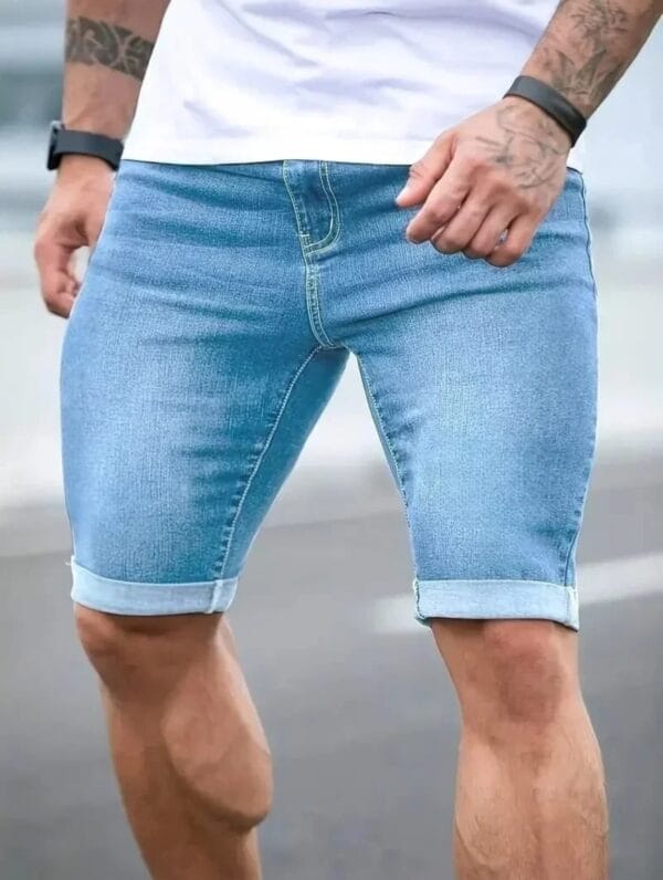 1pc Men'S Casual Loose Fit Denim Shorts - American Street Style, Knee-Length, Light Blue, Distressed Details, Perfect for Daily Wear, Casual Attire|Distressed Denim|Medium Elasticity