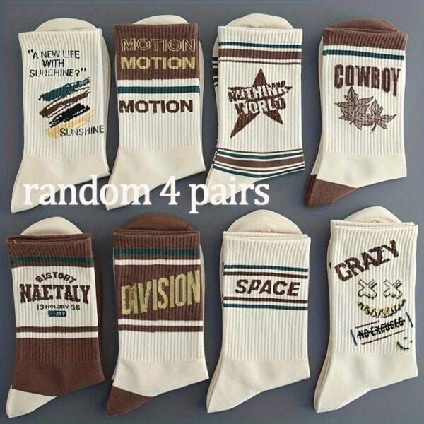 4/8 Pairs Retro Letter Print Casual Socks for Men & Women - Mid-Calf Athletic Socks with Bold Graphic Design, Breathable Polyester, Hand Wash/Dry Clean, Vintage Style for Casual Attire, Socks, Everyday Footwear, Stylish Lettering, Durable Socks, Comfortable Sock Material, Everyday Essentials, Sporty Look, Soft Sock Material, Unisex Socks, Casual Wearers