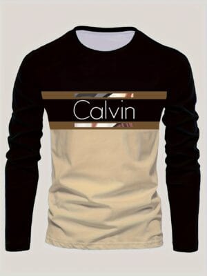 Men'S Long Sleeve T-Shirt - Black to Brown Ombre with CALVIN Lettering, Stretch Comfort Fit for Everyday & Formal Wear, Spring/Fall Essential - CALVIN Apparel, Spring Fall Top, Modern Casual Tee, Smooth Texture Shirt