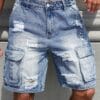 Men'S Loose-Fit Distressed Denim Shorts with Multiple Pockets - Casual Streetwear Style, Non-Stretch Fabric, Light Blue Washed Finish, Perfect for Summer Outings, Summer Shorts | Streetwear Shorts | Nonstretch Fabric