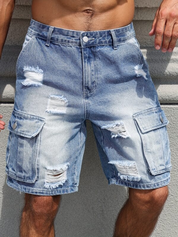 Men'S Loose-Fit Distressed Denim Shorts with Multiple Pockets - Casual Streetwear Style, Non-Stretch Fabric, Light Blue Washed Finish, Perfect for Summer Outings, Summer Shorts | Streetwear Shorts | Nonstretch Fabric