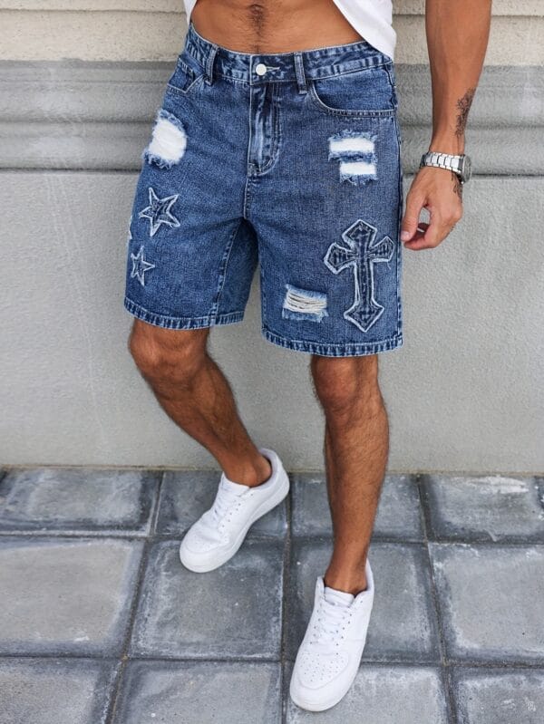 product-fancy-bd00db3c-c379-4b88-9a81-27a977ea94fd Men'S Streetwear Denim Mid-Length Shorts - Washed Blue with Distressed Rips, Star & Anchor Embroidery, Loose Fit, Casual Summer Denim Shorts for Casual Attire, Everyday Denim Shorts | Streetwear Fashion | Detailed Embroidery, Denim Shorts