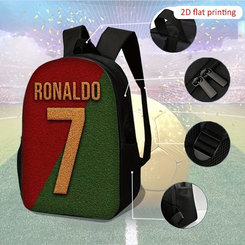 Unisex Large Capacity Lightweight Sports Backpack with Adjustable Straps, Trendy Ronaldo #7 Jersey Print in Red, Green & Golden, Black Casual Travel Bag for Fans & Outdoor Use