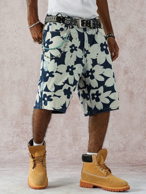 product-fancy-bd9dd06e-69e7-4208-80cd-4636b2c71e96 Men'S Stylish Versatile Summer Non-Stretch Wide-Leg Faux Denim Shorts with Fashionable Front And Back Prints.