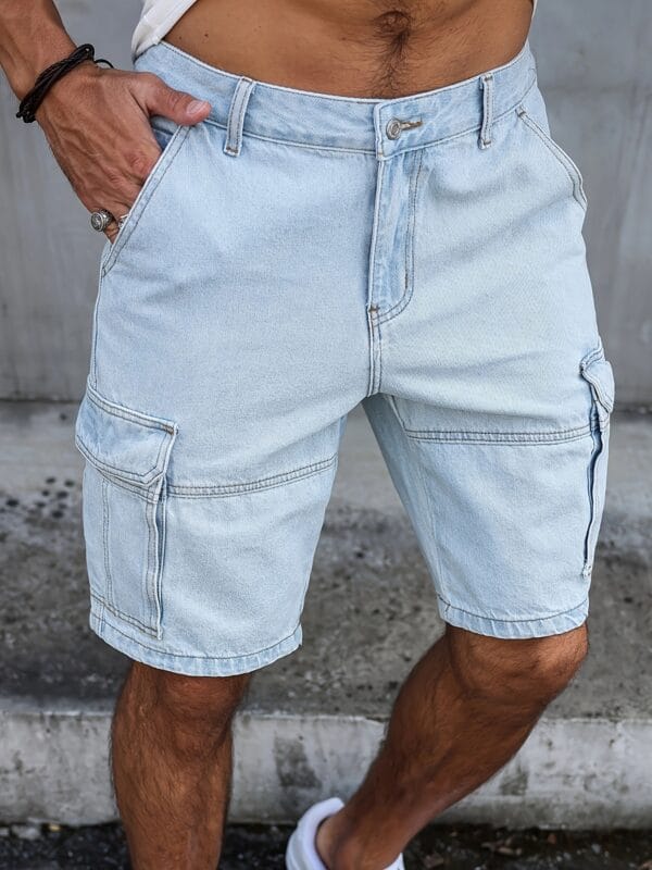 Men'S Summer Streetwear Denim Knee-Length Shorts with Multiple Pockets - Light Blue Washed, Soft Craftsmanship, Casual Style, Non-Stretch Fabric, Everyday Denim Shorts | Streetwear Style | Nonstretch Denim