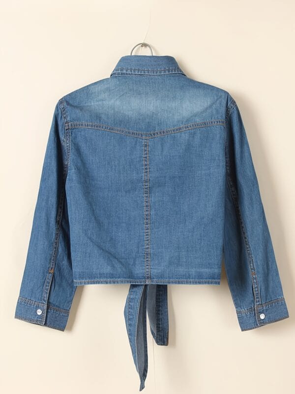 Women'S Denim Shirt with Tie-Front Detail - Casual Mid-Sleeve Button-Up Top, Light Blue, Non-Stretch Fabric, Spring/Summer Fashion, Versatile for Casual Attire, Casual Attire Top | Stylish Denim Shirt | Nonstretch Fabric