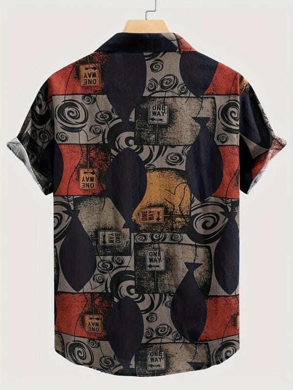 Men'S Color Block Geometric Print Short Sleeve Shirt - Casual Button- Lapel Collar, Breathable Blend Fabric, Loose Fit for Summer Outdoor Activities, Short Sleeve Tops