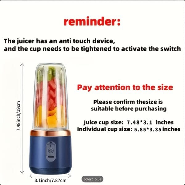 Portable Juicer 2-in-1 Multifunctional Rechargeble Battery | Compact Food Grade Polypropylene Cup for Personal and Family Fruit Squeezing, Easy to Carry Outdoors Durabl Plastic Material with 6 Blades & USB Charger - Suitable for Making Smoothies Shakes Iced Drinks Valentine's Day Thanksgiving Christmas Mother’S DAY Gift