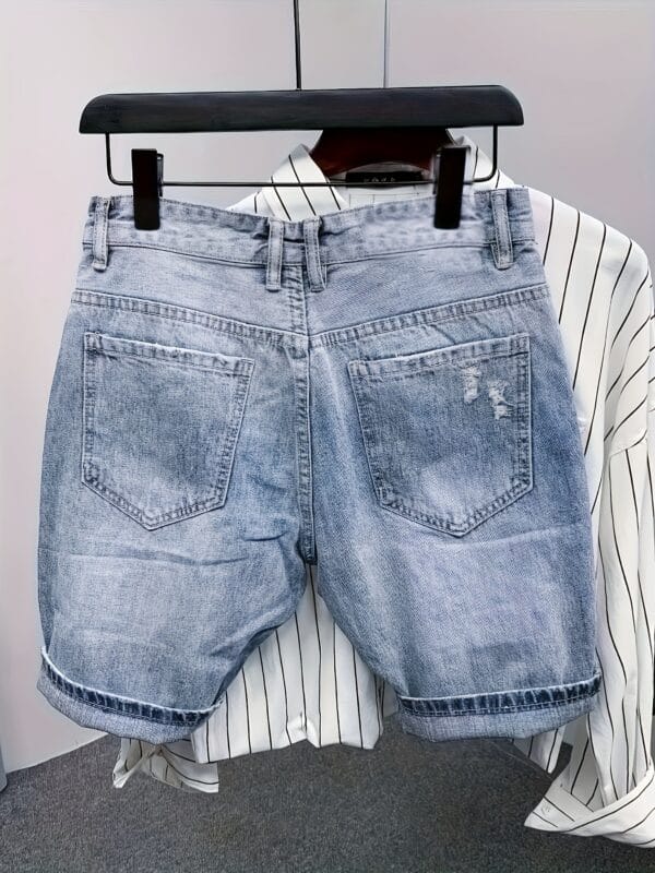 product-fancy-c1c8861e-31ed-4393-b0aa-31947a145d55 Men's Distressed Denim Shorts with Skull & Sickle Print, Zipper Details, and Faux Pockets - Street Style Knee-Length Halloween Design