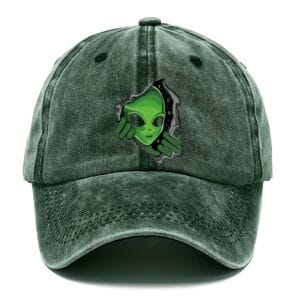 Alien-Themed Baseball Cap - Vintage Washed Look with Green Alien Design, Adjustable Fit, Ideal for Halloween & Outdoor Fashion, Playful Pattern Hat