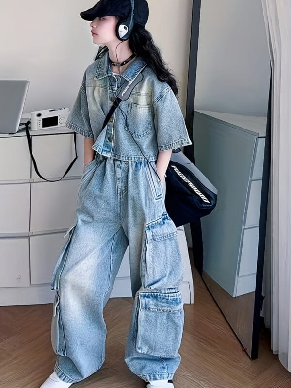 Fashionable Girls' Two-Piece Faux Denim Set, Short-Sleeve Jacket + Cargo Pants Outfit, 2025 New Arrival, Autumn And Winter Collection, Back-To-School Season Wear, Cool Style, Trendy And Versatile, for Outdoor