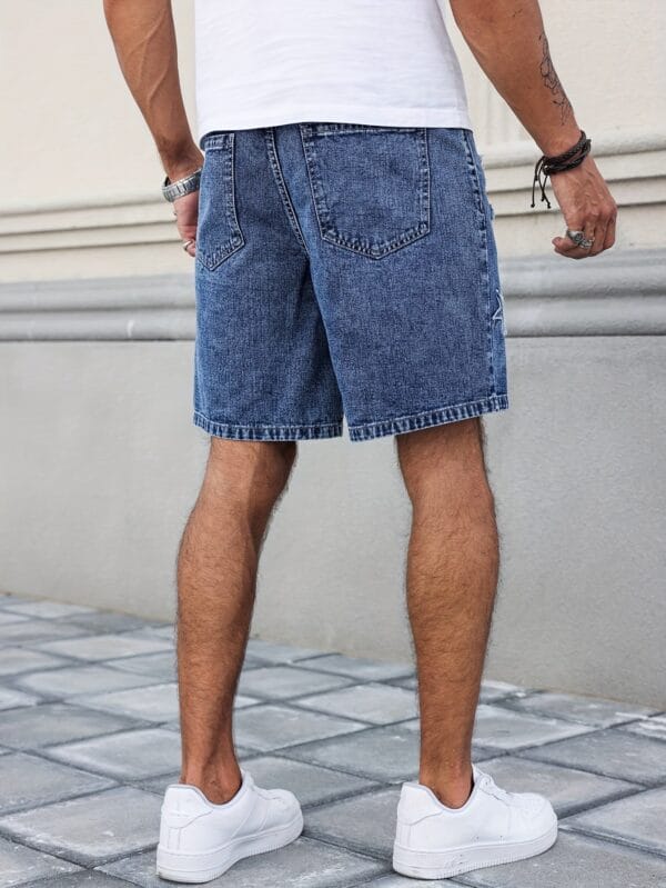 product-fancy-c30f535d-b080-43ab-b17a-655964ede135 Men'S Streetwear Denim Mid-Length Shorts - Washed Blue with Distressed Rips, Star & Anchor Embroidery, Loose Fit, Casual Summer Denim Shorts for Casual Attire, Everyday Denim Shorts | Streetwear Fashion | Detailed Embroidery, Denim Shorts