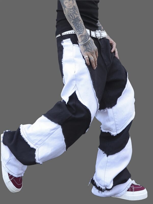 product-fancy-c3437668-f6a7-43af-b085-9afa6acee8db Men'S Black and White Color Block Cargo Pants, Loose Fit Wide Leg Jeans with Raw Wash Detail, Street Style Non-Stretch Denim for All Seasons, Casual Wear Pants | Streetwear Pants | Denim Fabric
