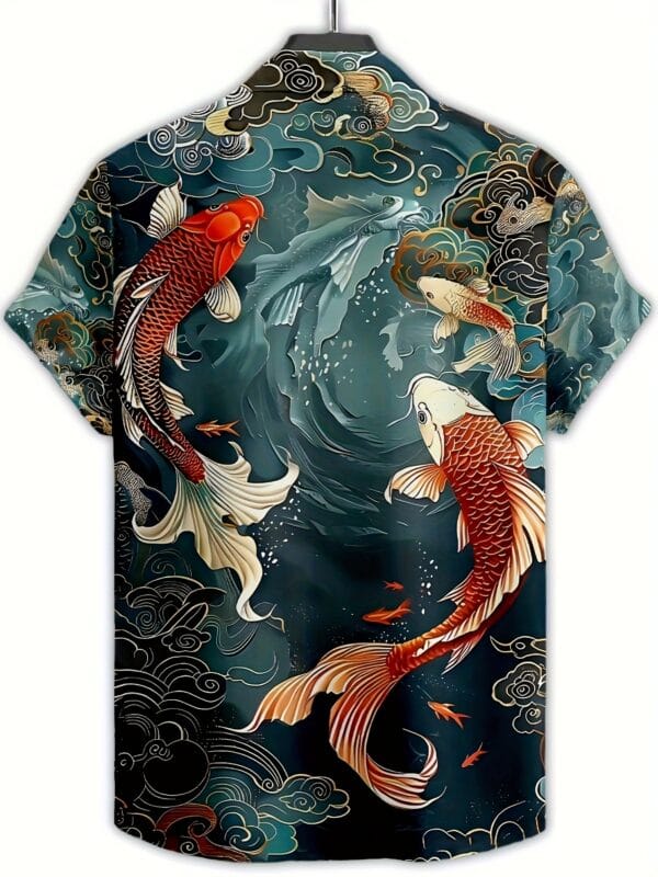 Men'S Casual Short Sleeve Button-Up Shirt with 3D Koi Fish Print – Symbol of Good Luck, Prosperity, and Courage – Perfect for Daily Wear, Summer Collection, Casual Attire|Traditional Collared Shirt|Printed Koi Design