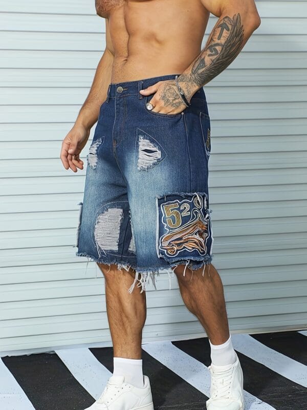 Men's Chic Embroidery Design Cotton Blend Ripped Loose Fit Jorts, Street Style Summer Bottoms for Men