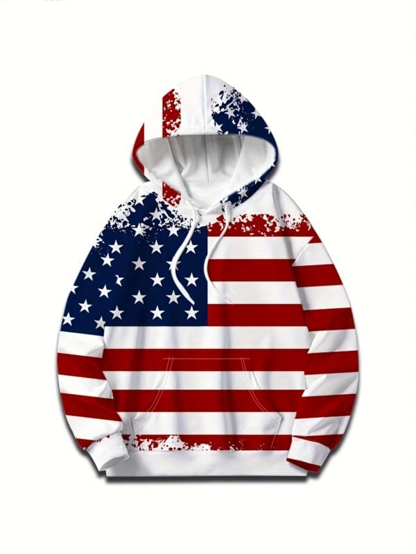 [Everyday Pullover] Men's Patriotic 3D American Flag Print Hoodie - Casual Polyester Pullover with Kangaroo Pocket, Machine Washable, Comfort Fit