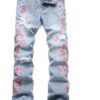Cross-border New Men's European and American Street Fashion Loose Wide-Leg Non-Stretch Floral Embroidery Denim Flare Pants