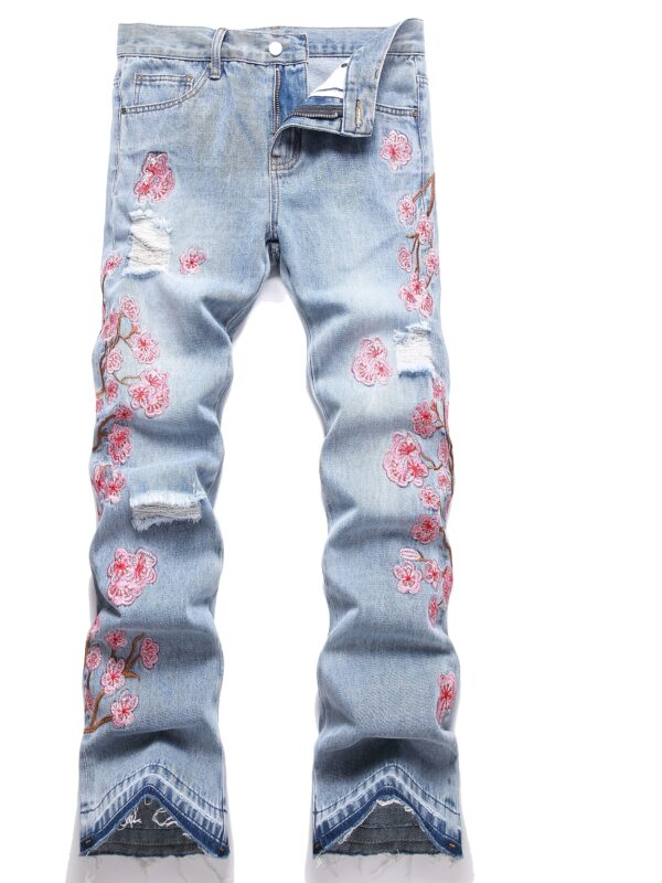 Cross-border New Men's European and American Street Fashion Loose Wide-Leg Non-Stretch Floral Embroidery Denim Flare Pants
