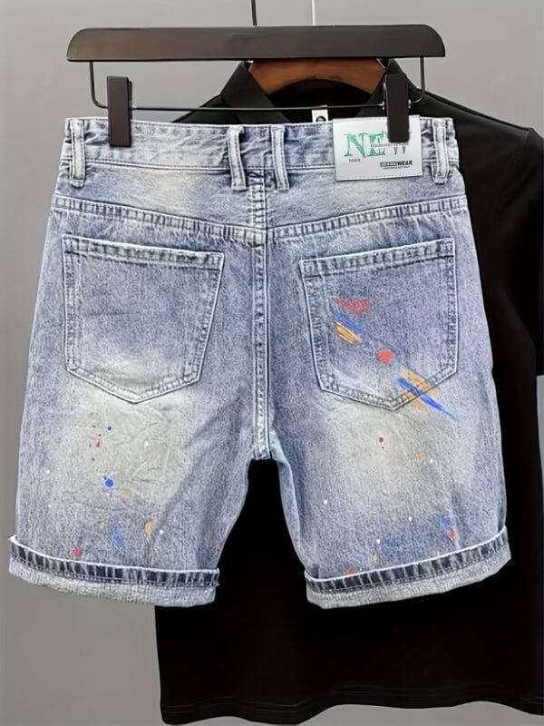 Men's Casual Distressed Denim Shorts with Geometric Bear Graphic Print - Knee-Length Mid-Thigh Regular Fit, Machine Washable & Functional Pockets for Summer Streetwear, Shorts Jeans, Streetwear Fashion, Warm Weather Clothing, Urban Street Style, Durable Construction, Street Style Lovers