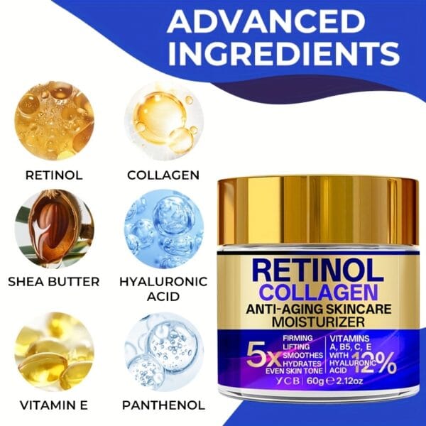 YCB Retinol Collagen Moisturizing Cream 60g/2.12oz - Face Cream with Hyaluronic Acid, Vitamin E, Shea Butter & Caffeine - Firms, Lifts Sagging Light Beige, Improves Elasticity, Even Light Beige, All Light Beige Types, Elegant Packaging, Advanced Skincare Formula