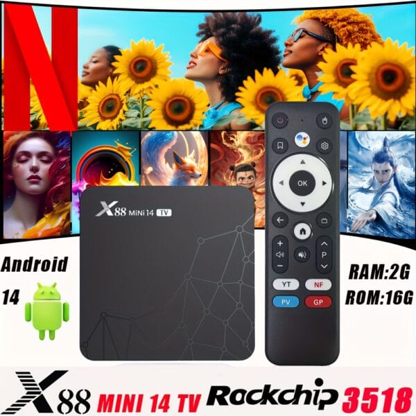 product-fancy-c9848c1c-52e2-41be-82dd-0bc88df9e98f 88 MINI 14 TV Android 14 TV Box | 4K@60Hz HDR 8K Video Decoding | RK3518 Quad Core + Mali GPU | 2GB RAM+16GB ROM, US Power Plug | Dual Band WiFi 6 & BT 5.0 | Expandable to 64GB | HD 2.0b | Multi-Language Infrared Voice Remote Control | Portable for Home/Gaming/Travel