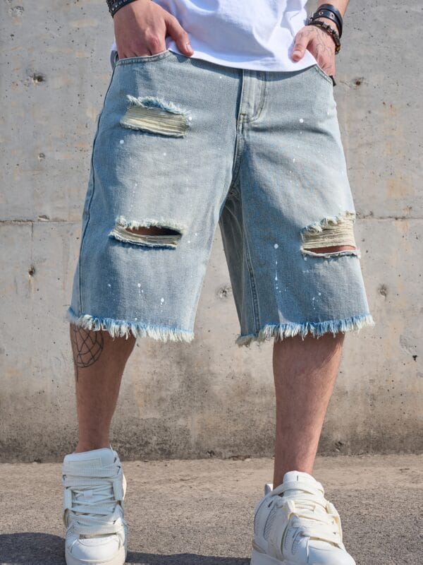 product-fancy-c9983ef8-178d-481d-9199-587a07638c0d Men'S Vintage Distressed Faux Denim Shorts - Non-Stretch Faux Denim Pants with Frayed Edges, Loose Fit Five-Pocket Casual Shorts for Everyday & Formal Outfits - All-Season Retro Western Style, Faux Denim Shorts, Versatile Clothing, Classic Five-Pocket Design, Durable Fabric, Streetwear Fashion, Sturdy Construction, Streetwear Lovers