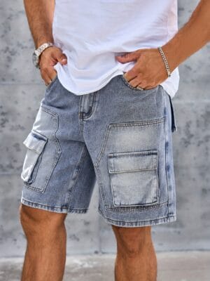 product-fancy-ca58a739-35d3-42aa-8bd2-3fc53a368547 Men'S Casual Denim Cargo Shorts with Multiple Pockets - Loose Fit, Knee-Length, Light Blue, Non-Stretch Fabric, Perfect for Casual Attire, Party Shorts|Pocketed Shorts|Woven Texture