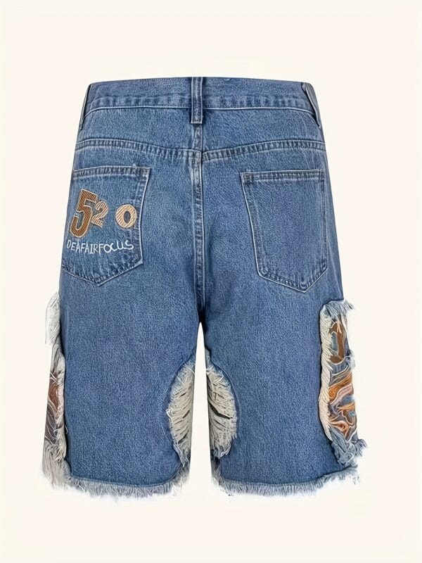 product-fancy-ca990893-9e54-42c1-9c19-6922336d252b Men'S Plus Size Distressed Faux Denim Shorts with Frayed Hem & Geometric Embroidery - Casual Relaxed Fit, Non-Stretch Faux Denim, Functional Pockets, Edgy Streetwear Style for Summer Outfits, Faux Denim Shorts, Durable Fabric, PLUS SIZE