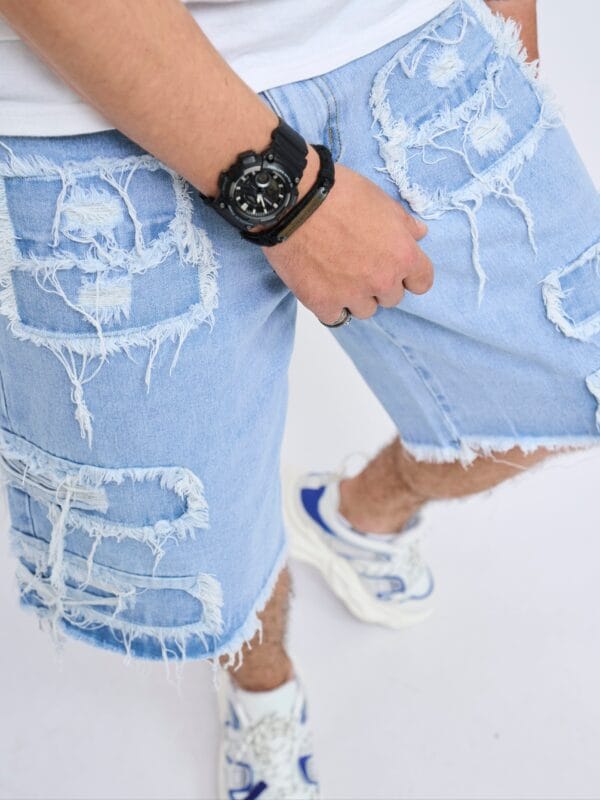 Men's Distressed Blue Jeans - Relaxed Fit Mid-Calf Length with Pre-Faded Knees & Frayed Hems, Machine Washable Casual Streetwear Shorts for Summer