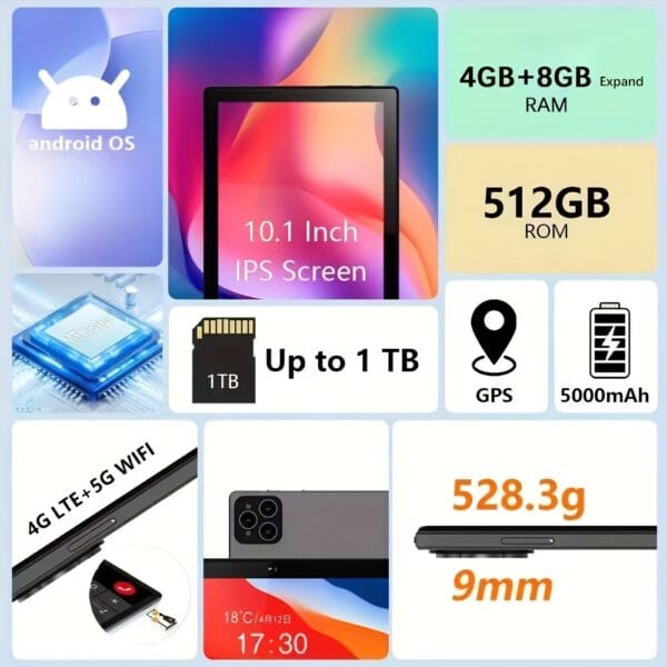 CRELANDER 10.1" 2-in-1 Android Tablet PC MTK 6763 Deca Core CPU with HD Display, 12GB (4GB+ 8GB Expandable) with RAM Support 1TB Expansion, 5000mAh Battery, Dual Camera, SIM Card Slot 4G LTE Calling Ultimate Office Bundle with Wireless Keyboard, Mouse, Stylus & Foldable Case, Tablet, Pad